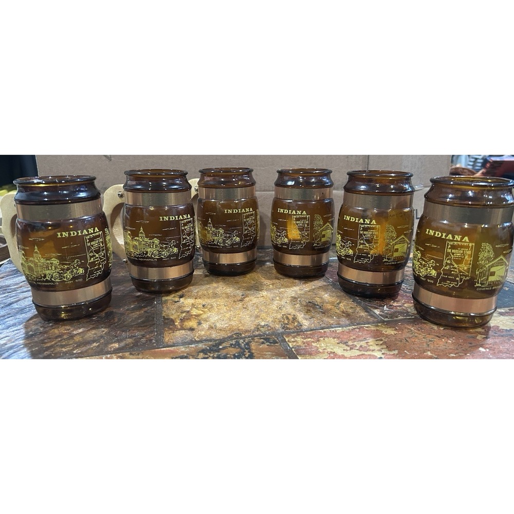 Vintage Indiana Souvenir Amber Glass Barrel Mugs Wood Handle Set of 6 MCM